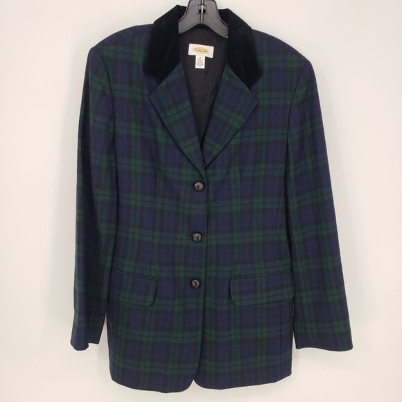 Talbots Vintage Wool Blackwatch Plaid Long Blazer Jacket 10 Velvet  Green Blue - Picture 1 of 8